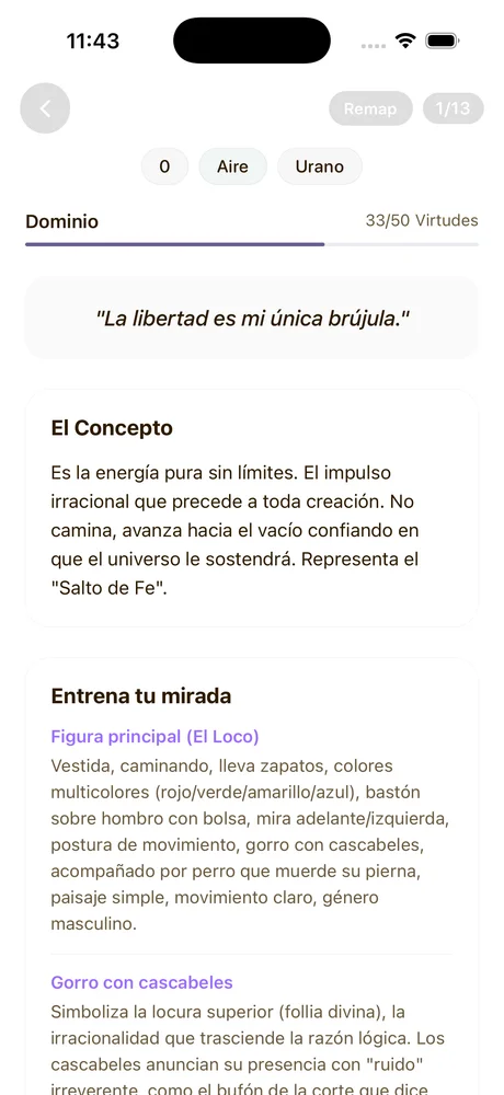 Card detail screen showing The Fool with mantra and visual analysis