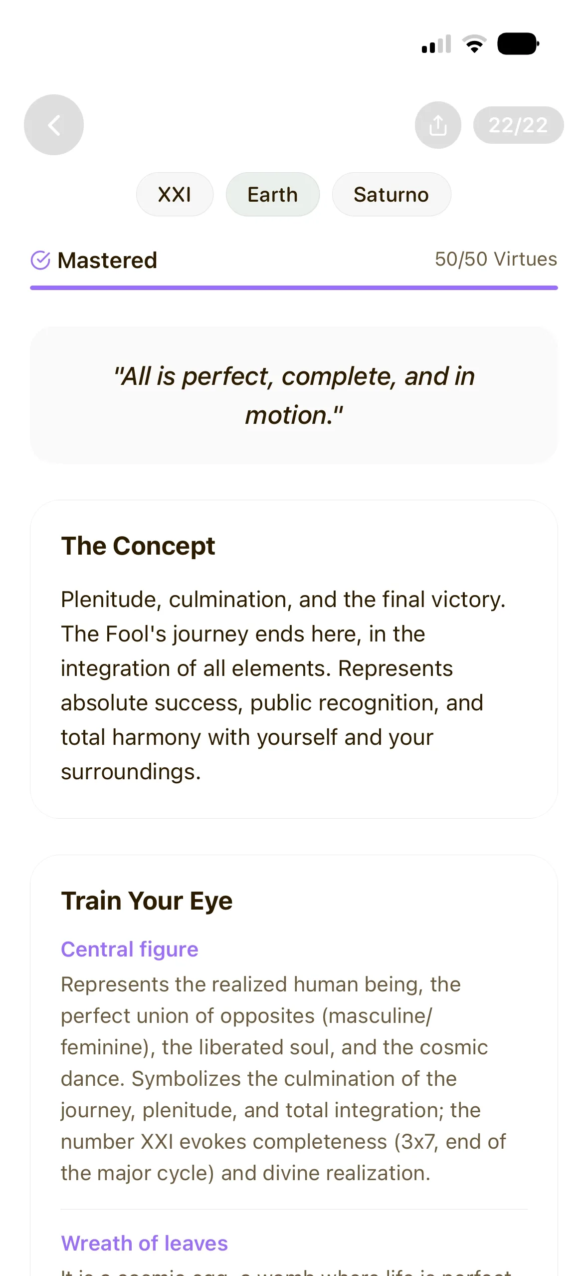 Card detail screen showing The Fool with mantra and visual analysis