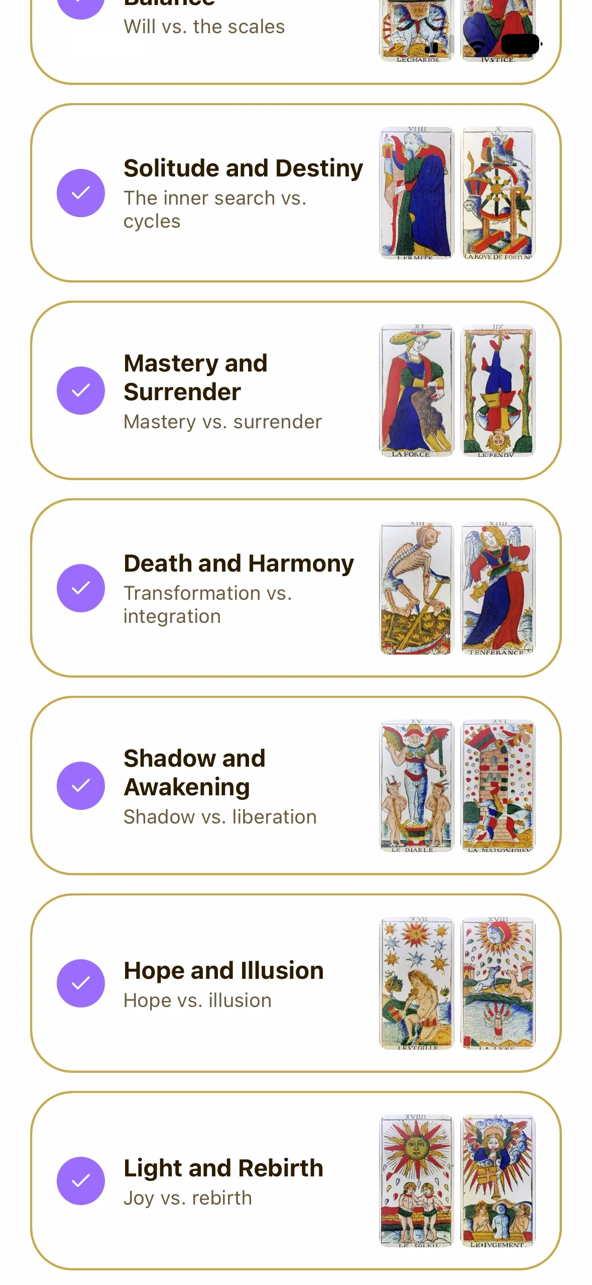 Hero's Journey chapter list with tarot card pairs