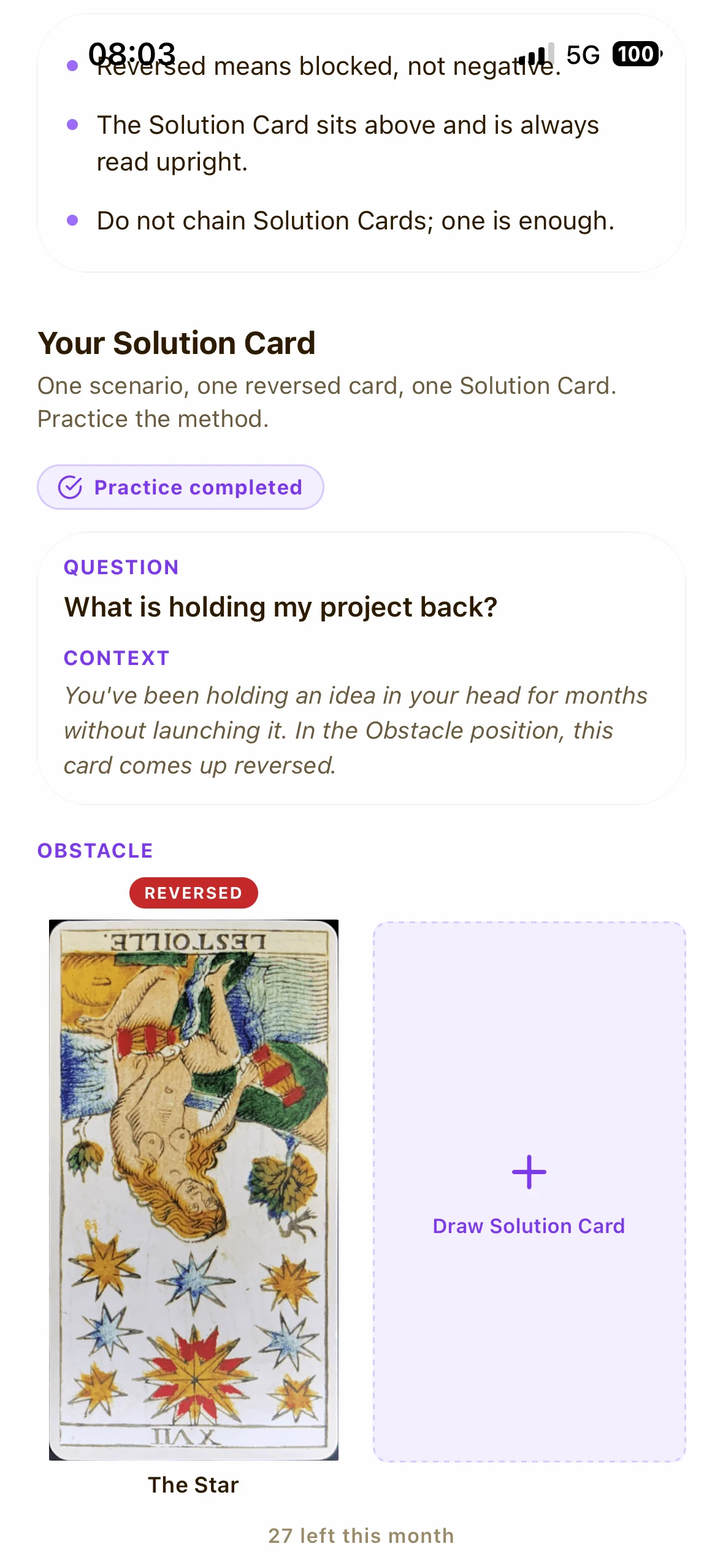 Solution Card lesson with a scenario and The Star reversed in the Obstacle position
