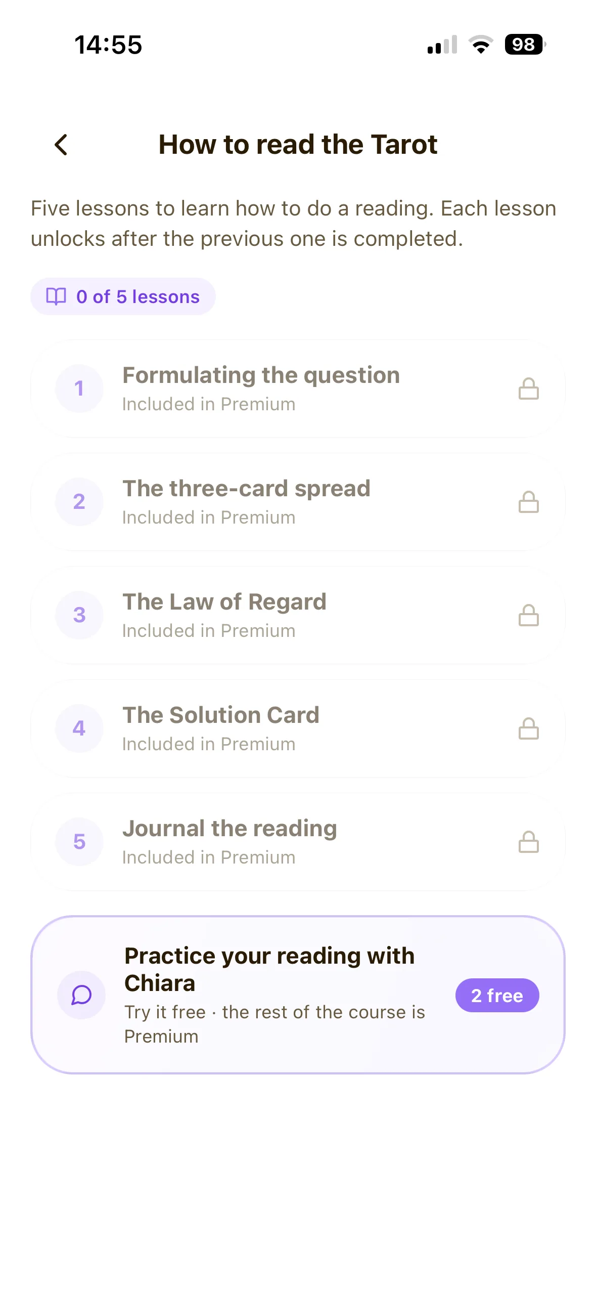How to Read screen showing the five unlockable lessons in order