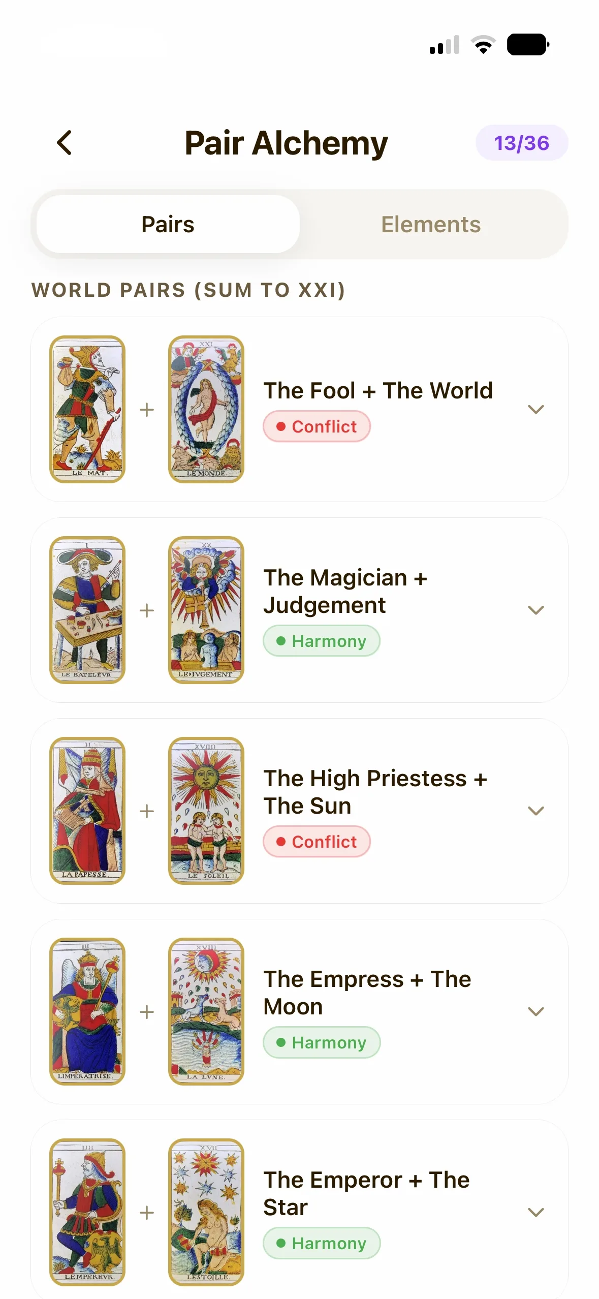 List of card pairs with harmony and conflict relationships