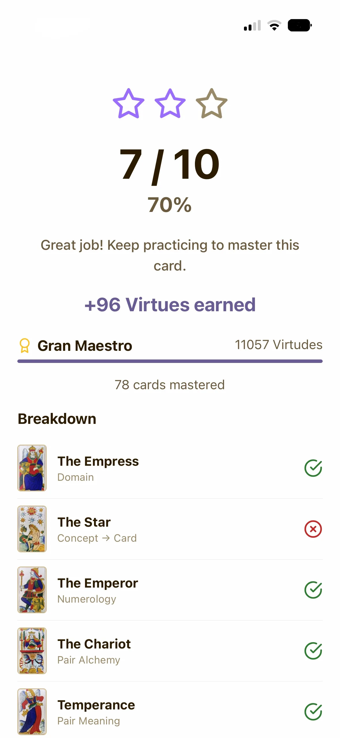 Quiz results with score and card-by-card breakdown
