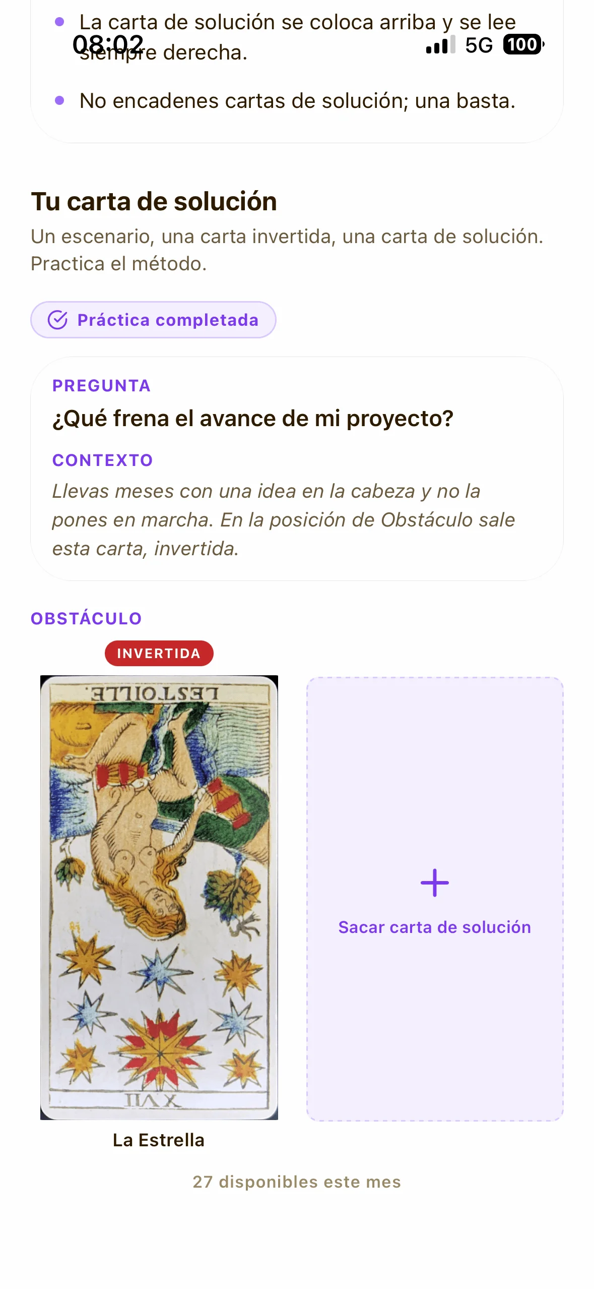 Lección de la Carta de Solución con un escenario y La Estrella invertida en posición de Obstáculo