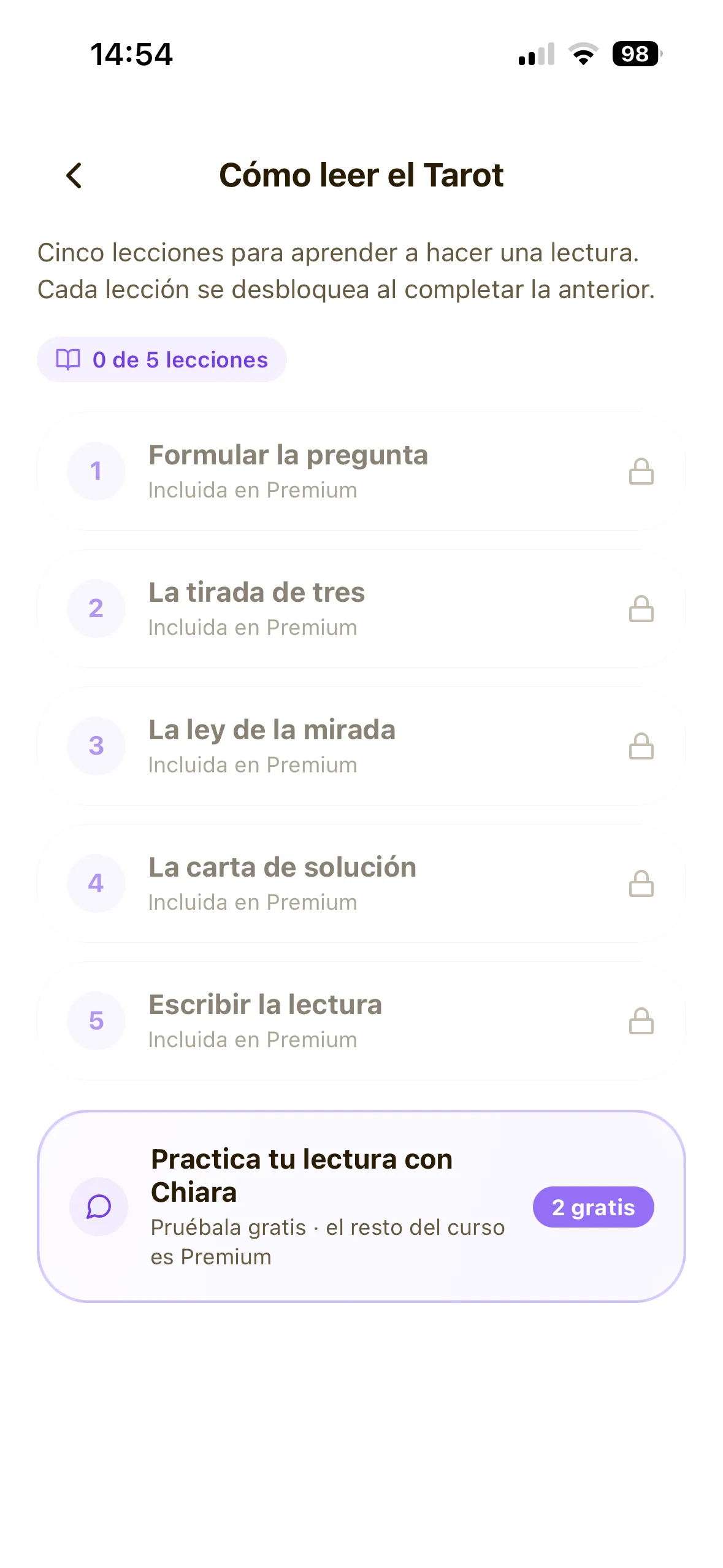Pantalla de Cómo Leer mostrando las cinco lecciones desbloqueables en orden