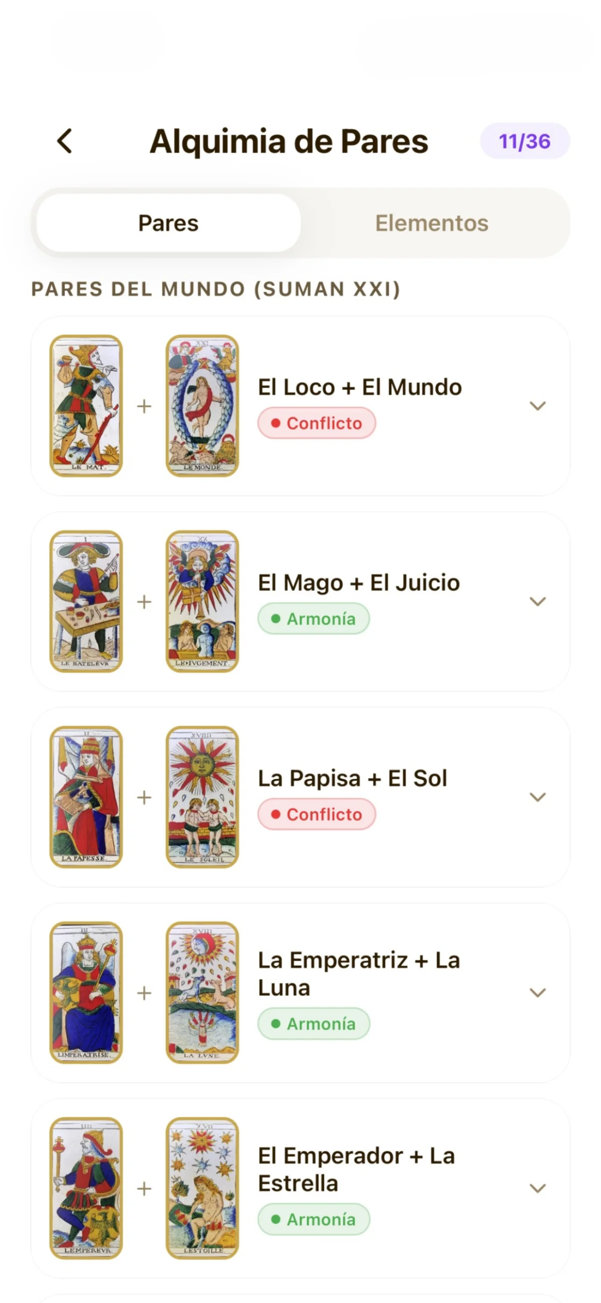 Lista de pares de cartas con sus relaciones de armonía y conflicto