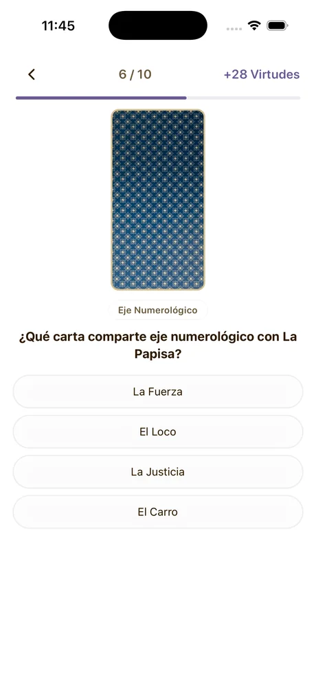 Quiz con carta boca abajo y opciones de respuesta