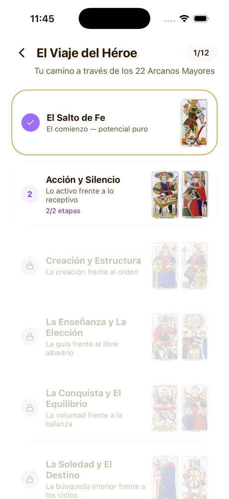 Hero's Journey chapter list with tarot card pairs