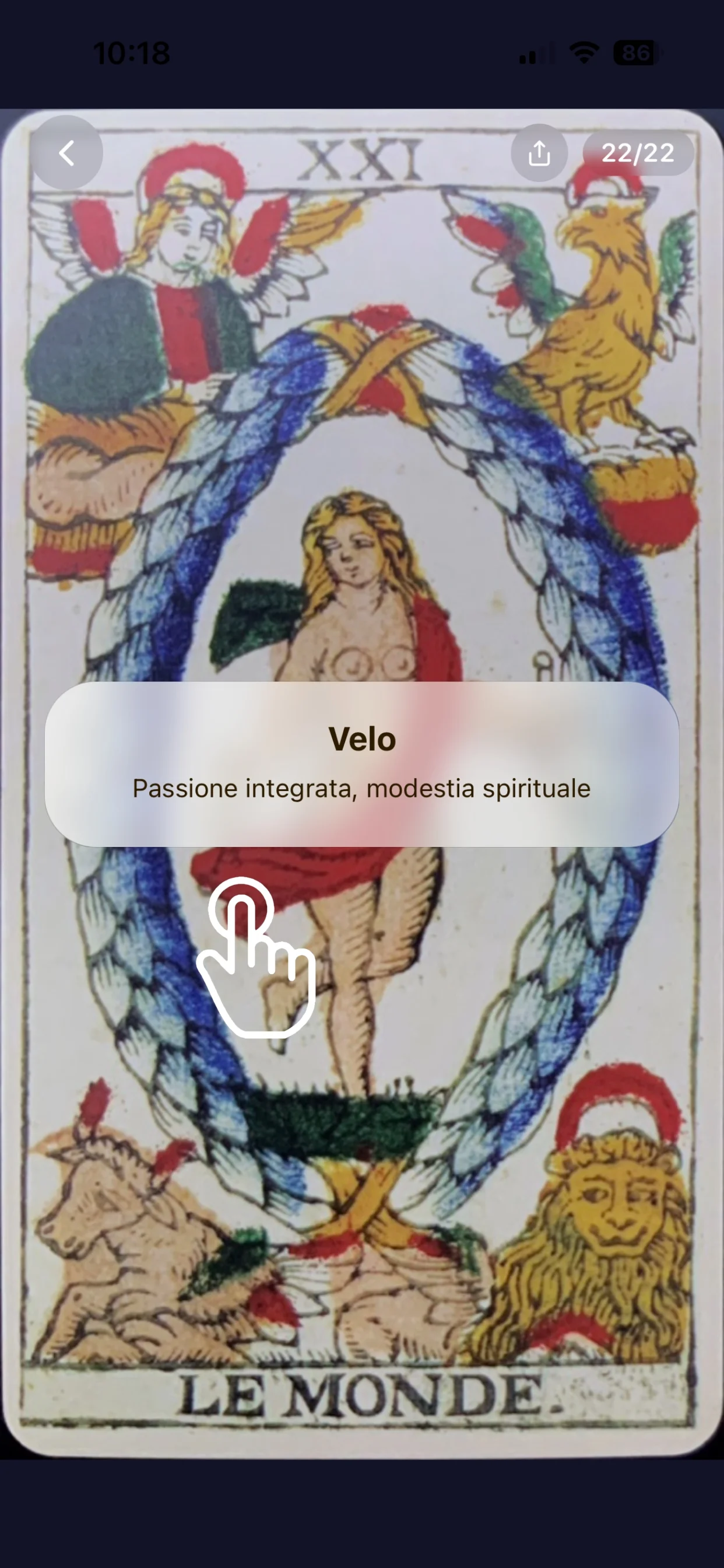Schermata dettaglio carta che mostra Il Matto con mantra e analisi visiva
