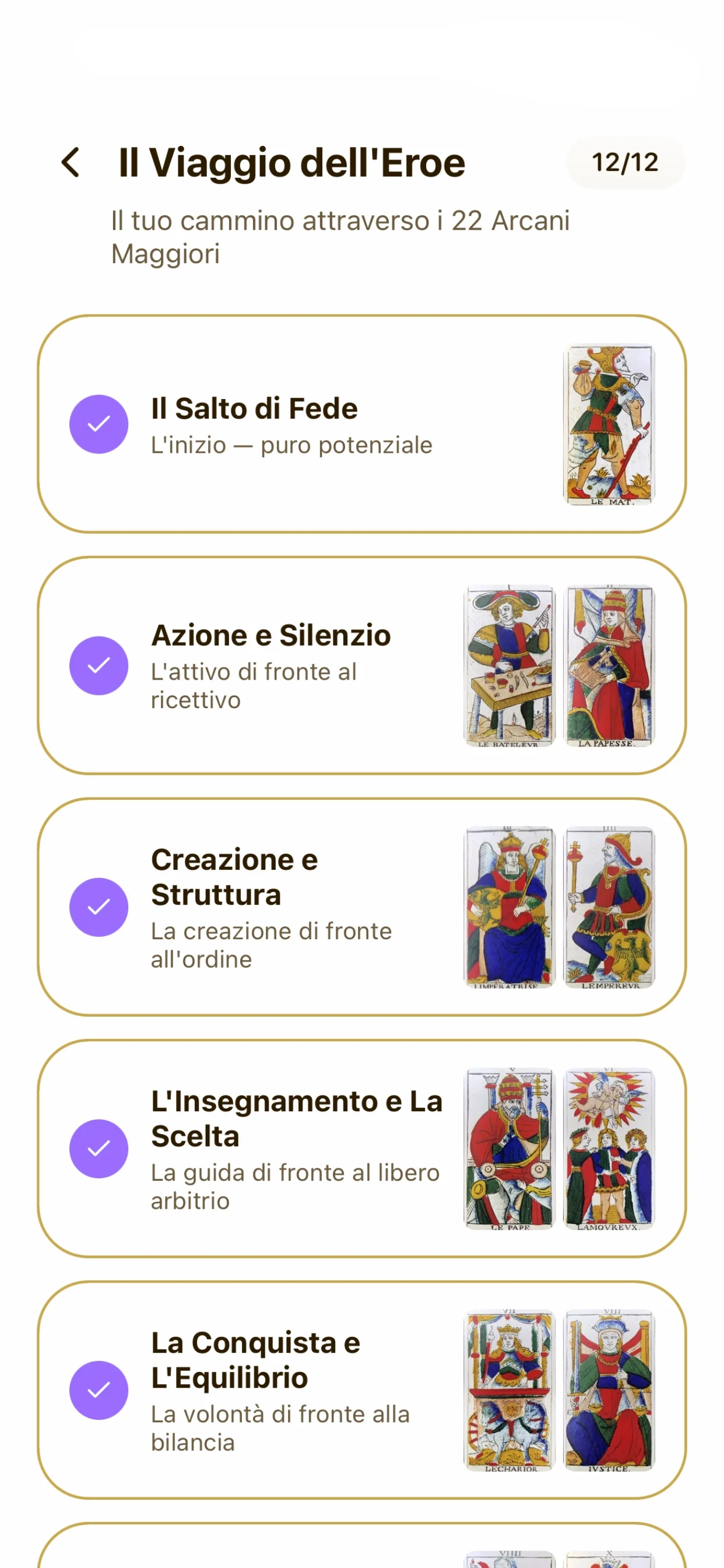 Lista dei capitoli del Viaggio dell'Eroe con coppie di carte dei tarocchi