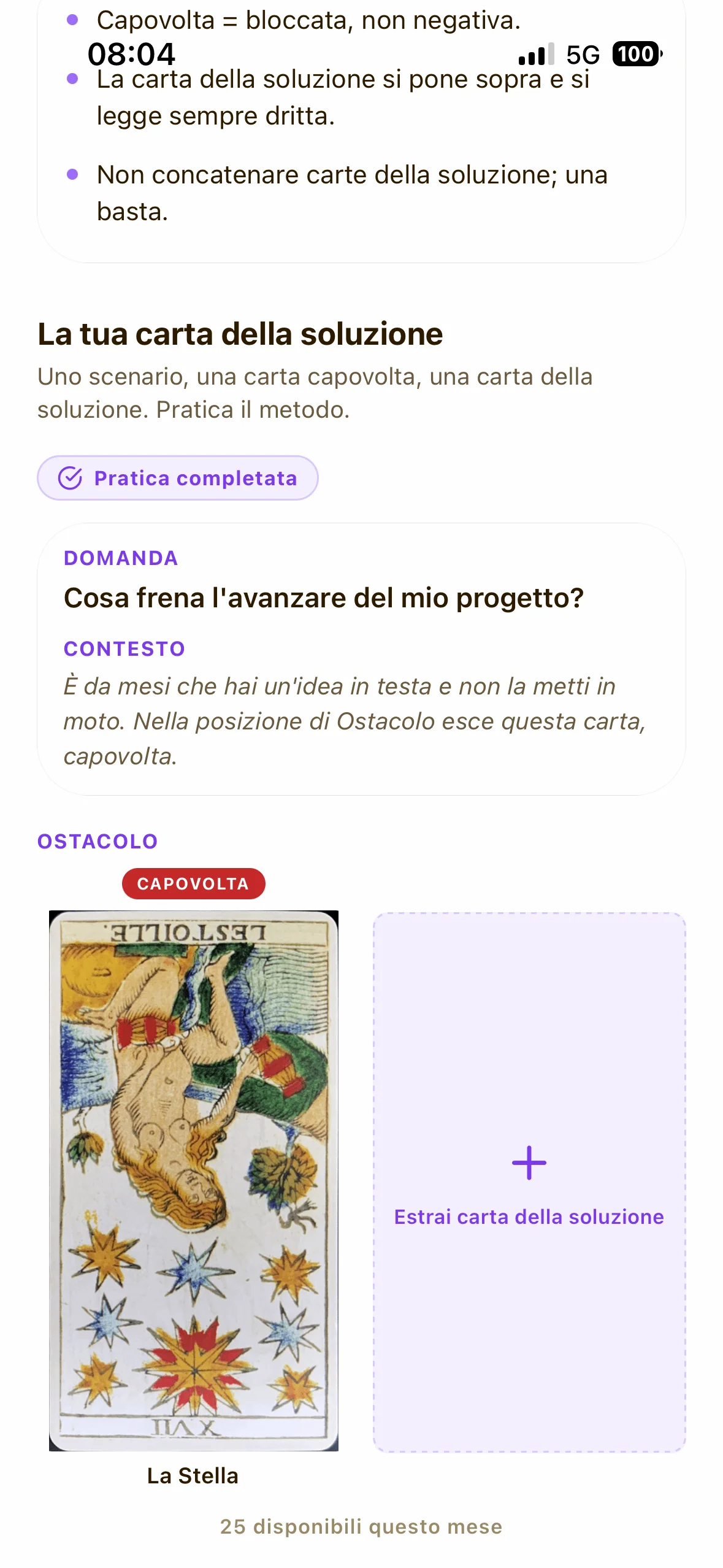 Lezione della Carta della Soluzione con uno scenario e La Stella capovolta in posizione di Ostacolo