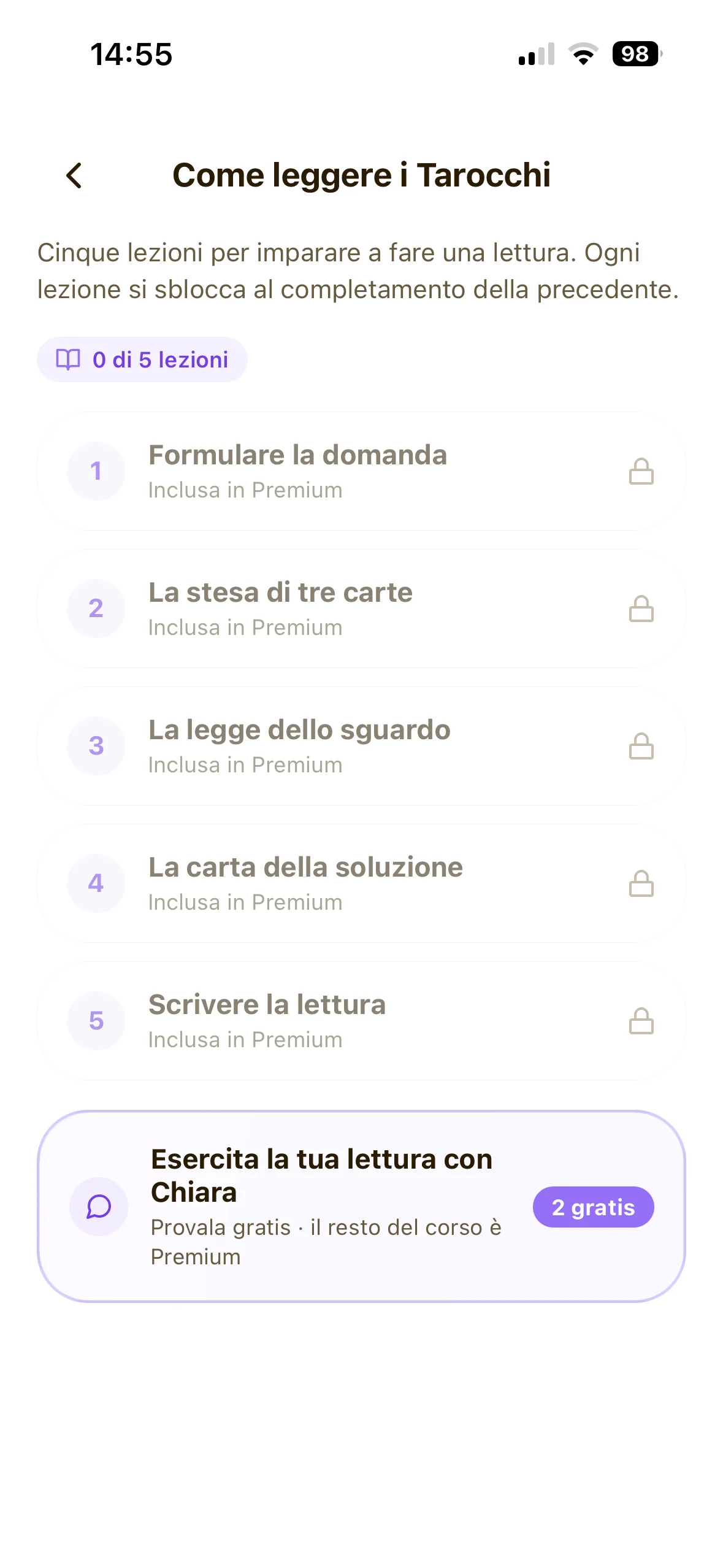 Schermata di Come Leggere che mostra le cinque lezioni sbloccabili in ordine