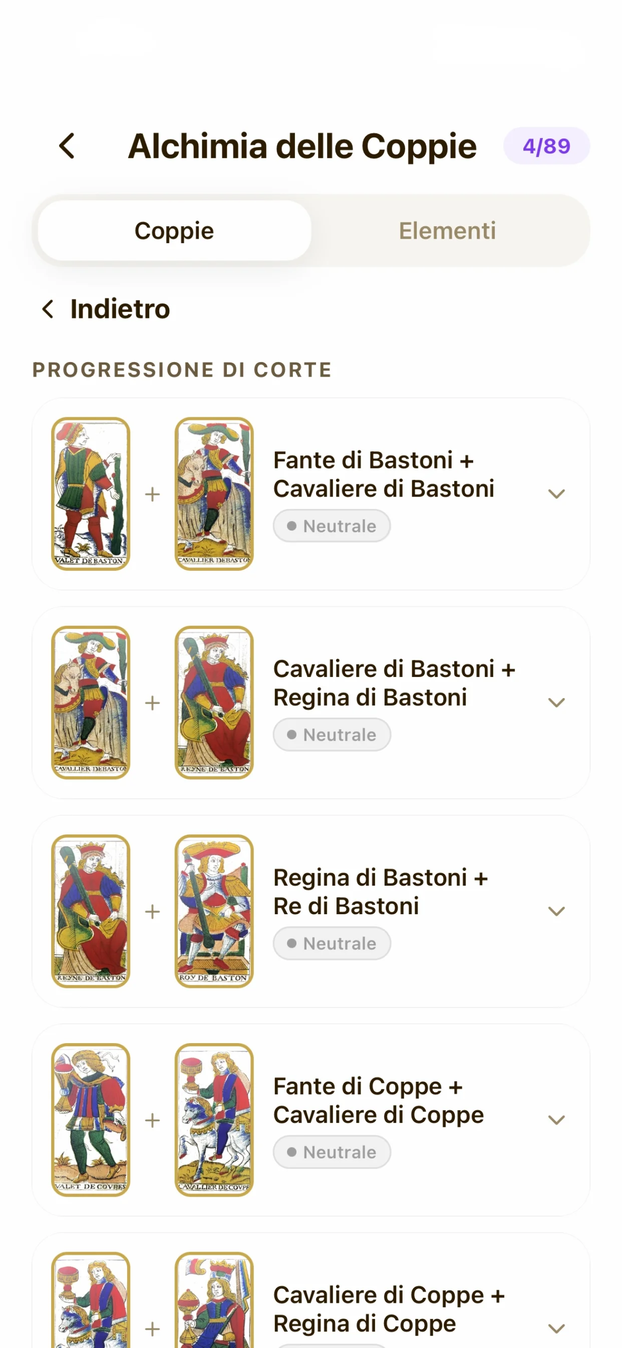 Lista di coppie di carte con relazioni di armonia e conflitto