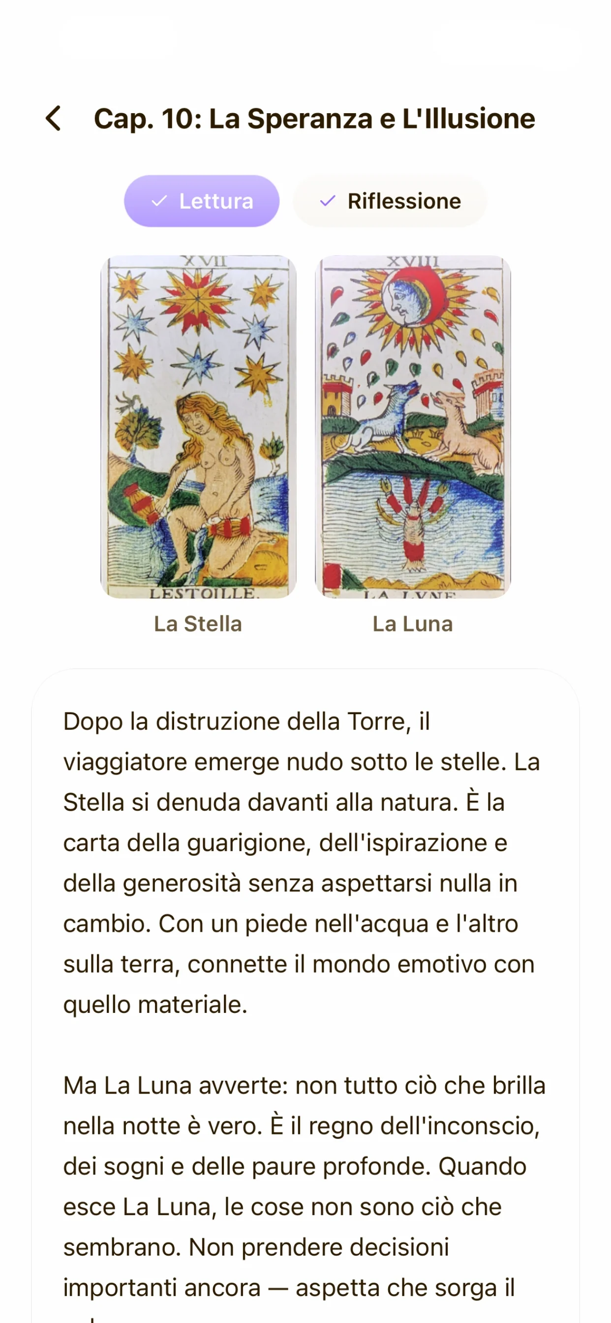 Capitolo del Viaggio dell'Eroe con narrazione e carte Il Bagatto e La Papessa
