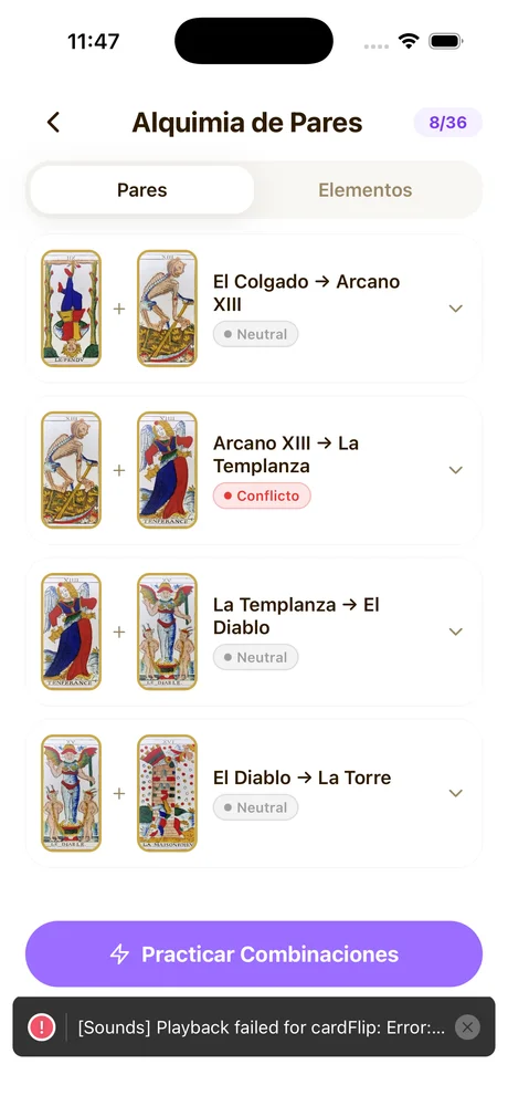 List of card pairs with harmony and conflict relationships