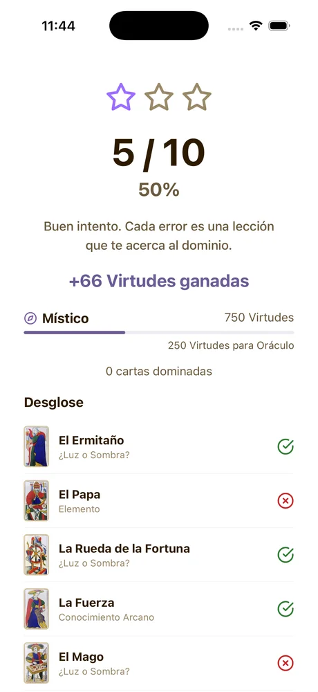 Quiz results with score and card-by-card breakdown