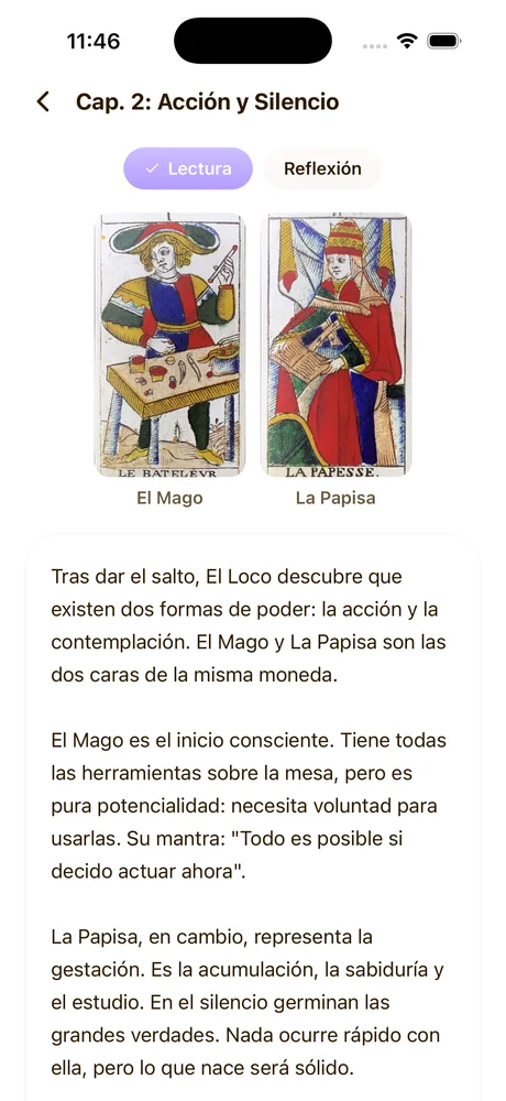 Hero's Journey chapter with narrative and The Magician and The Popess cards